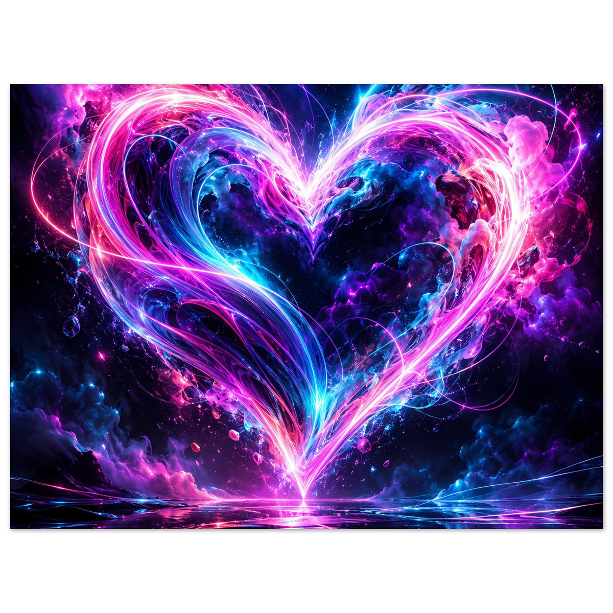 Kunstposter im Querformat mit Neon-Herz aus pinken und blauen Lichtbögen