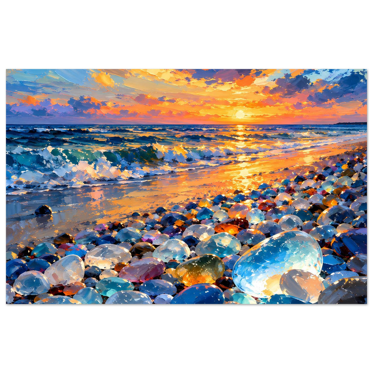 Meer-Poster mit leuchtendem Sonnenuntergang über bunten Glassteinen am Strand