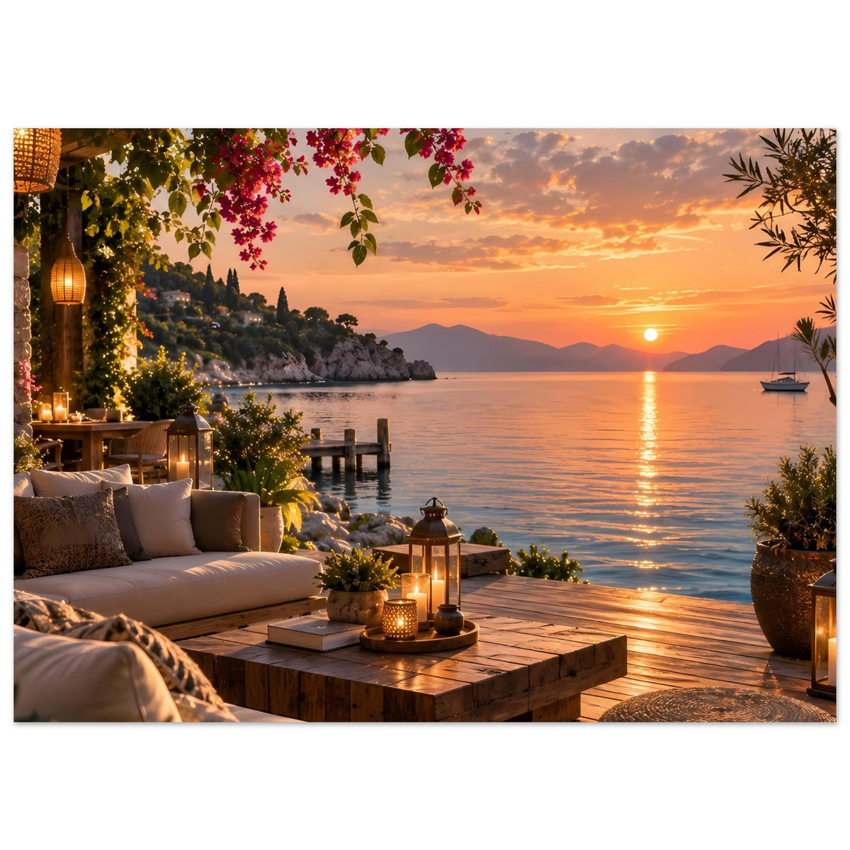 Horizontales Küsten-Terrassenposter mit Sofa, Laternen und Bougainvillea am Meer