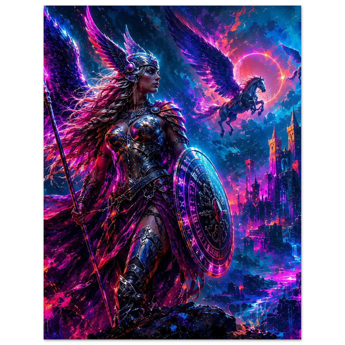 Fantasy-Poster mit Valkyrie in Rüstung: Schild am Arm, Speer, Funken und Nebel