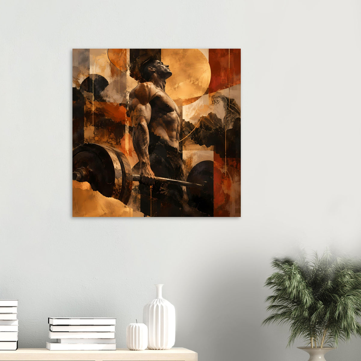 Fitnesskunst-Poster mit Figur und Hantel auf warmen Orange-Braun-Farben