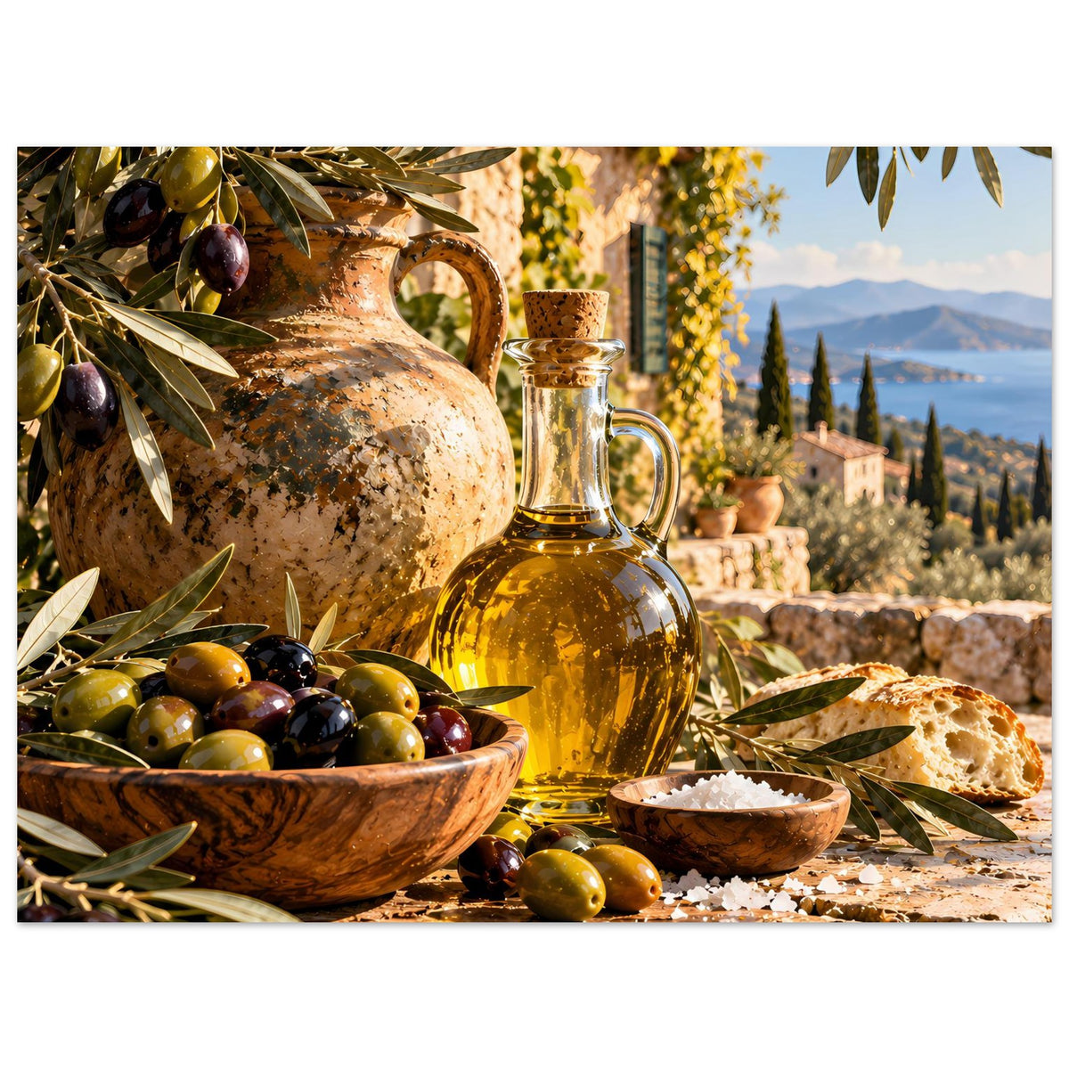 Oliven-Ernteposter horizontal: Ölflasche, Olivenschale und Brot auf Steinunterlage