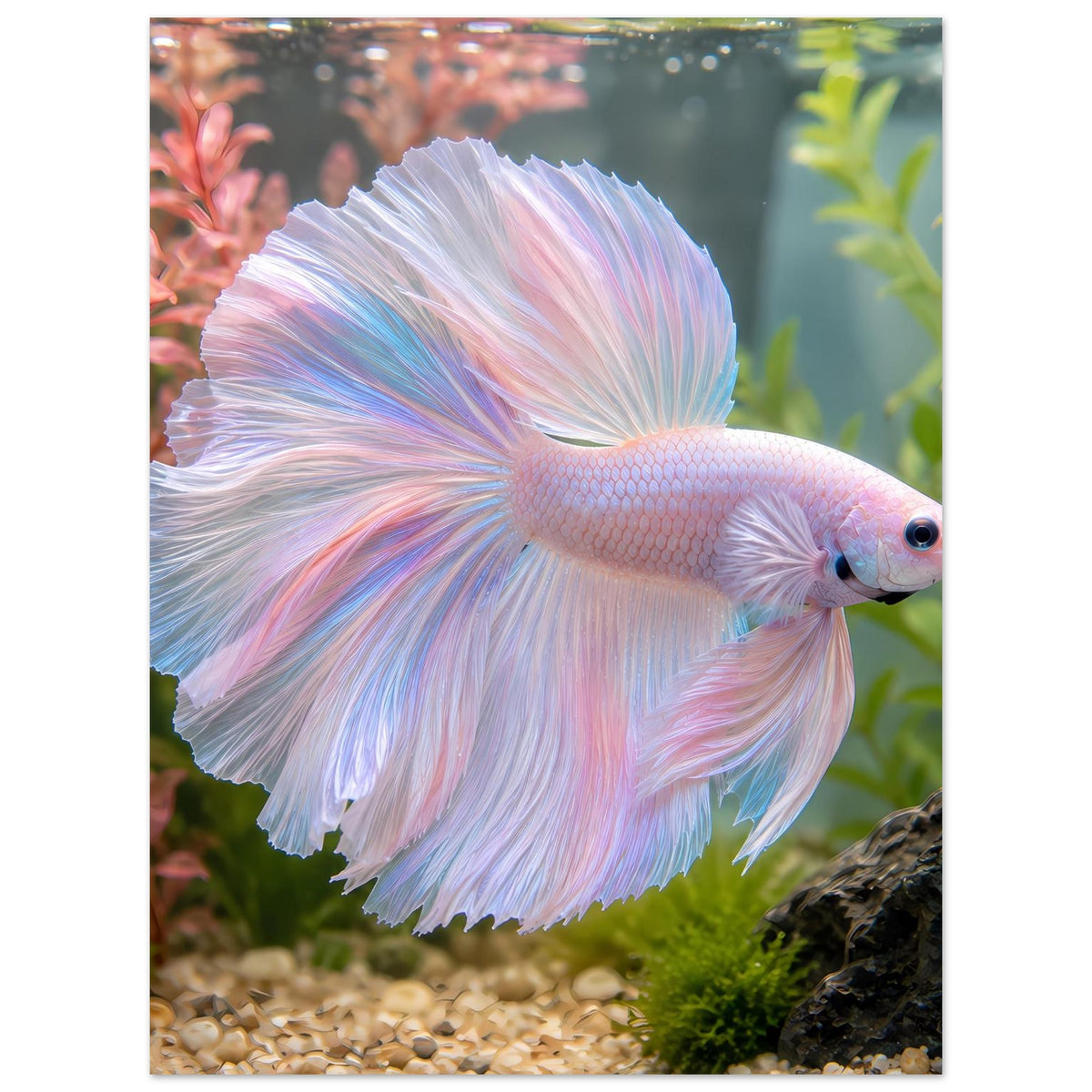 Poster mit Kampffisch Betta in hellen Pastelltönen, weit ausgebreitete Fächerflossen