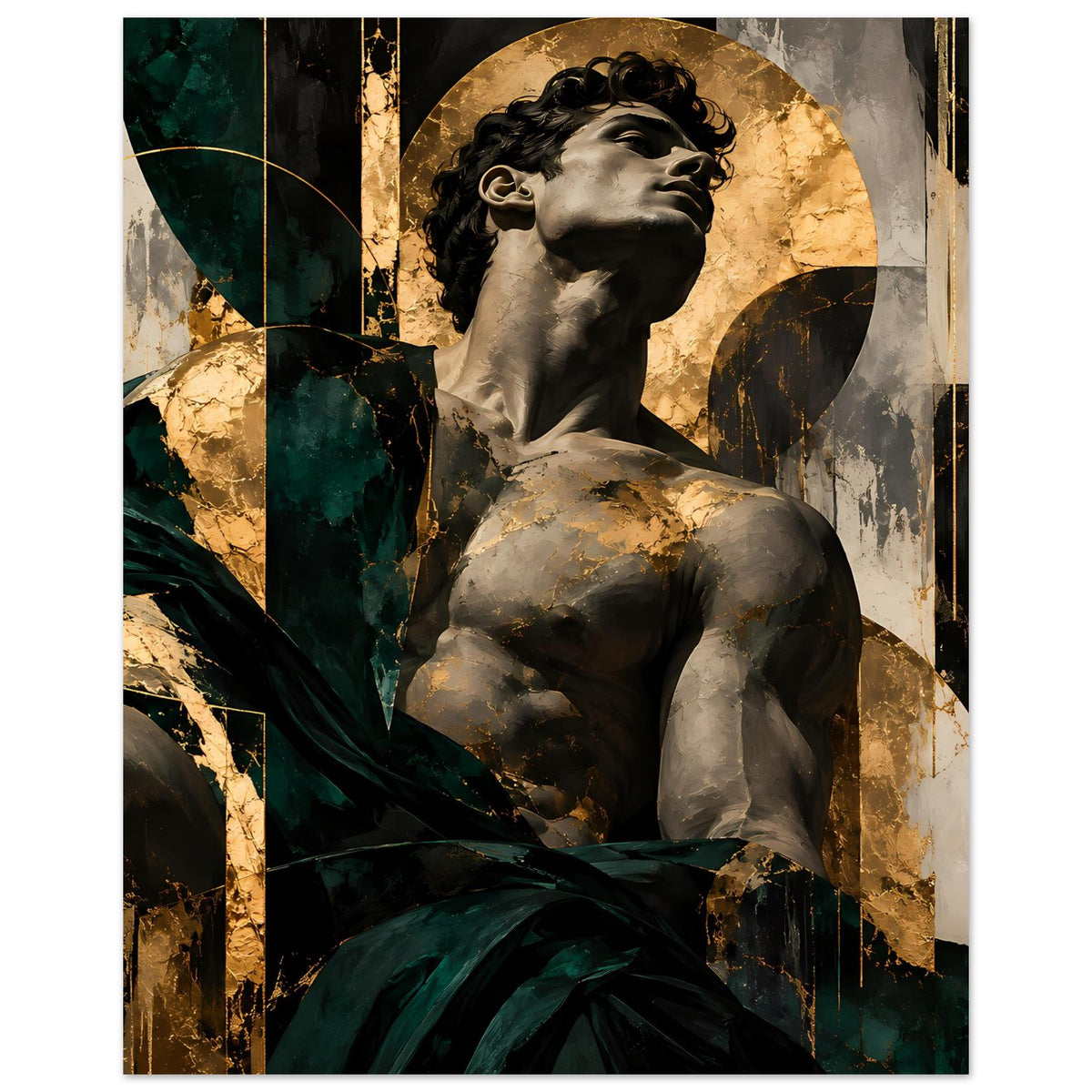 Kunstposter, Close-up einer Statue mit erhobenem Kopf, in Dunkelgrün und Gold gehalten
