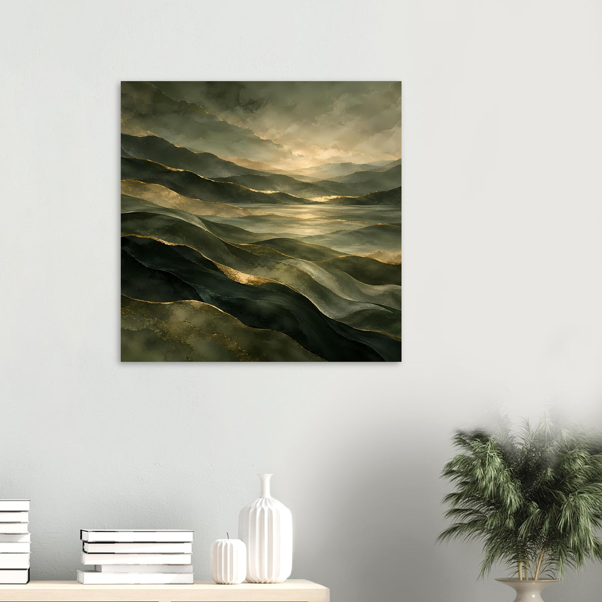 Landschafts-Poster mit grünen Hügeln und goldener Abendsonne, quadratischer Rahmen