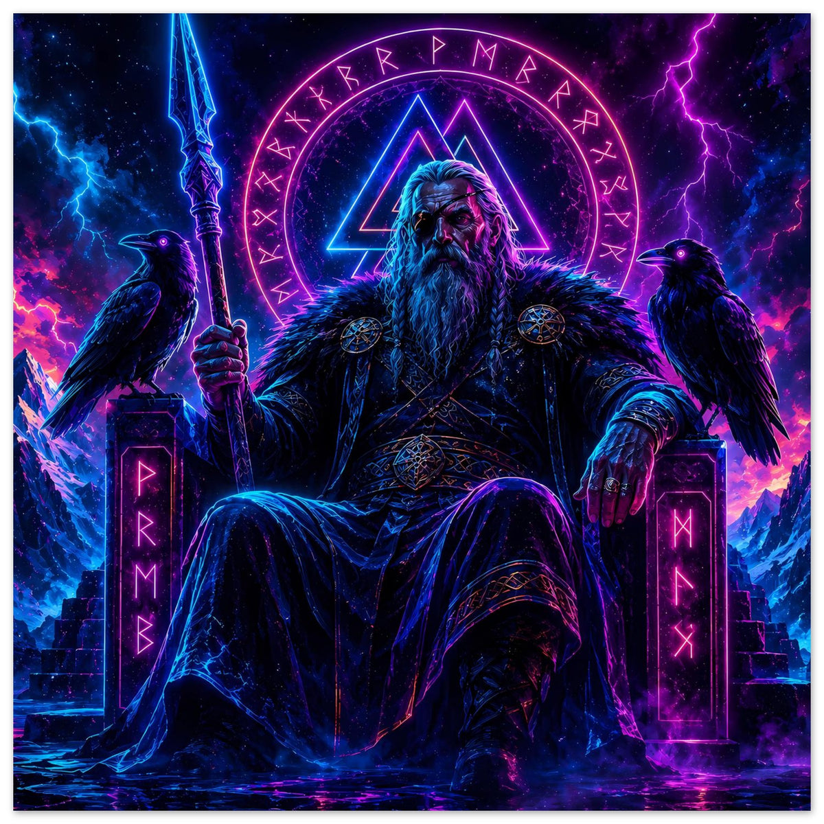 Fantasy-Poster im Querformat: Wikingerkönig mit Schwert, zwei Raben und leuchtendem Dreieck