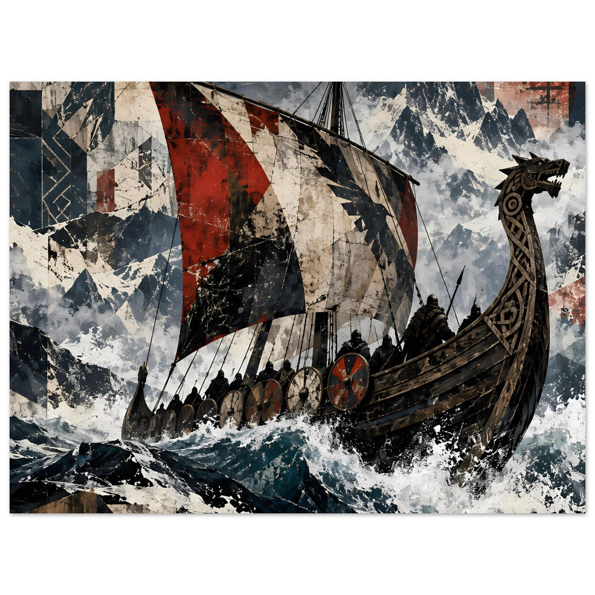 Wikingerschiff-Poster: Langschiff mit roter Flagge und Wappenschild, horizontal