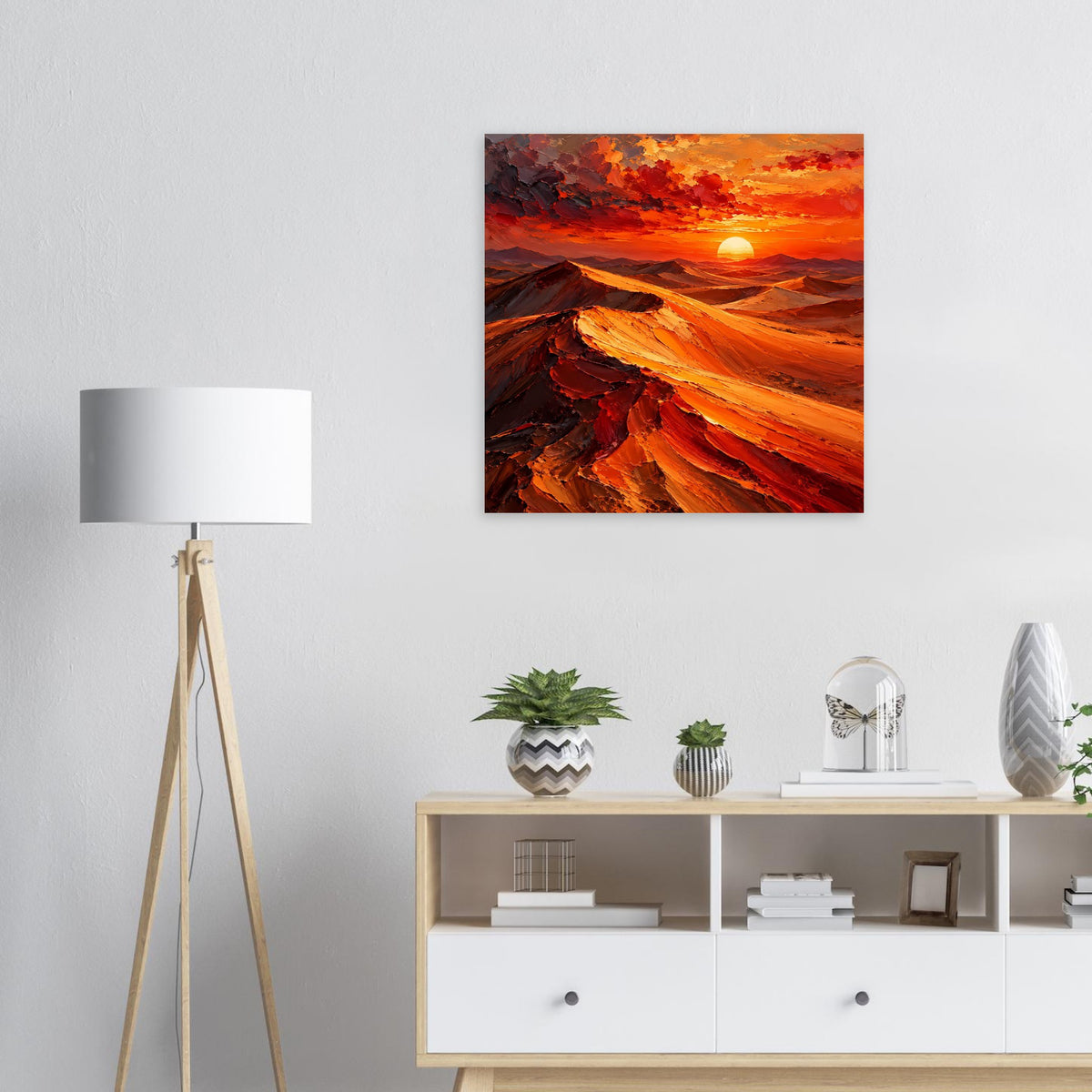 Quadratisches Poster mit Wüstenlandschaft im Sonnenuntergang, warme Rot- und Orangetöne
