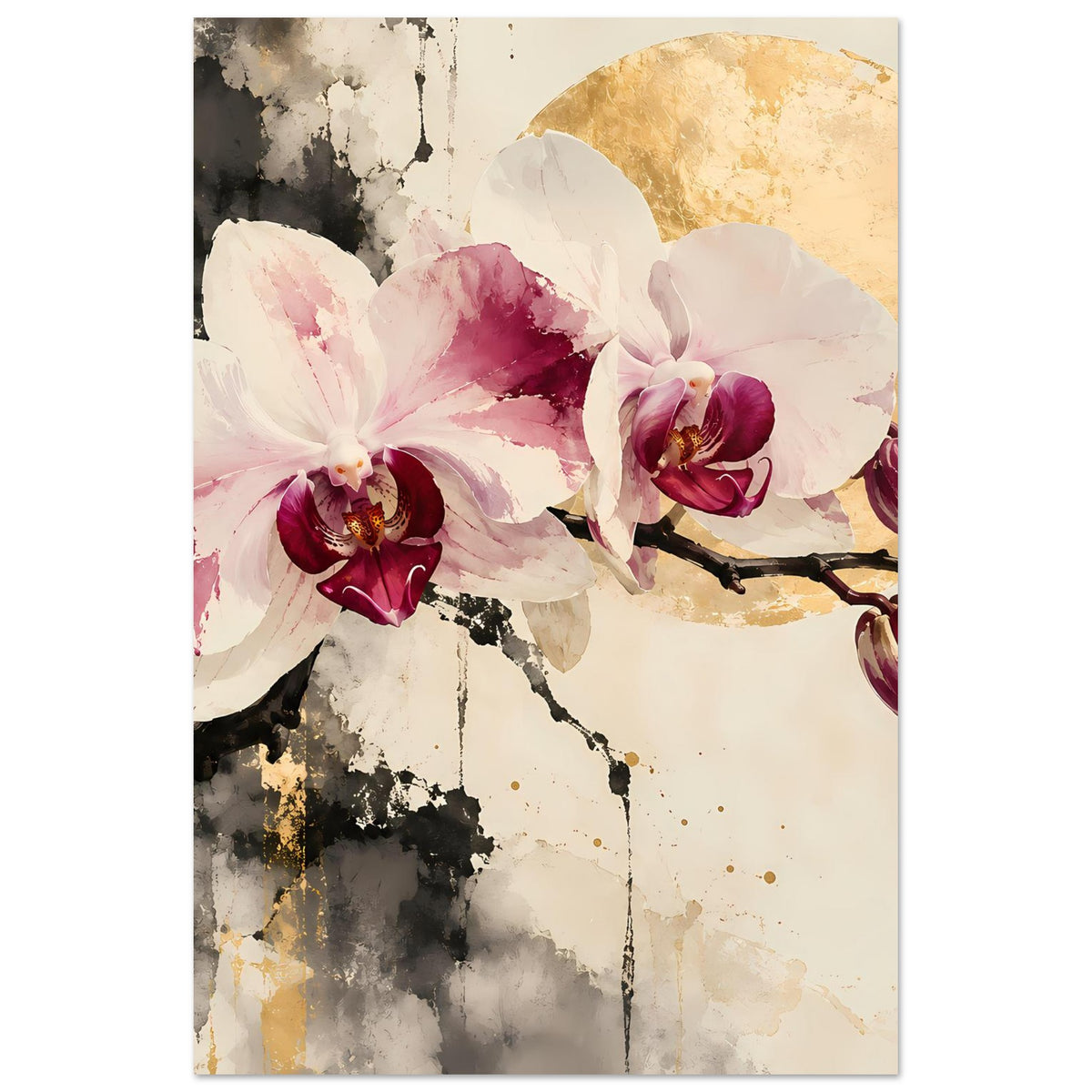 Blumenposter mit Orchideenblüten und goldenen Akzenten, hochformatig