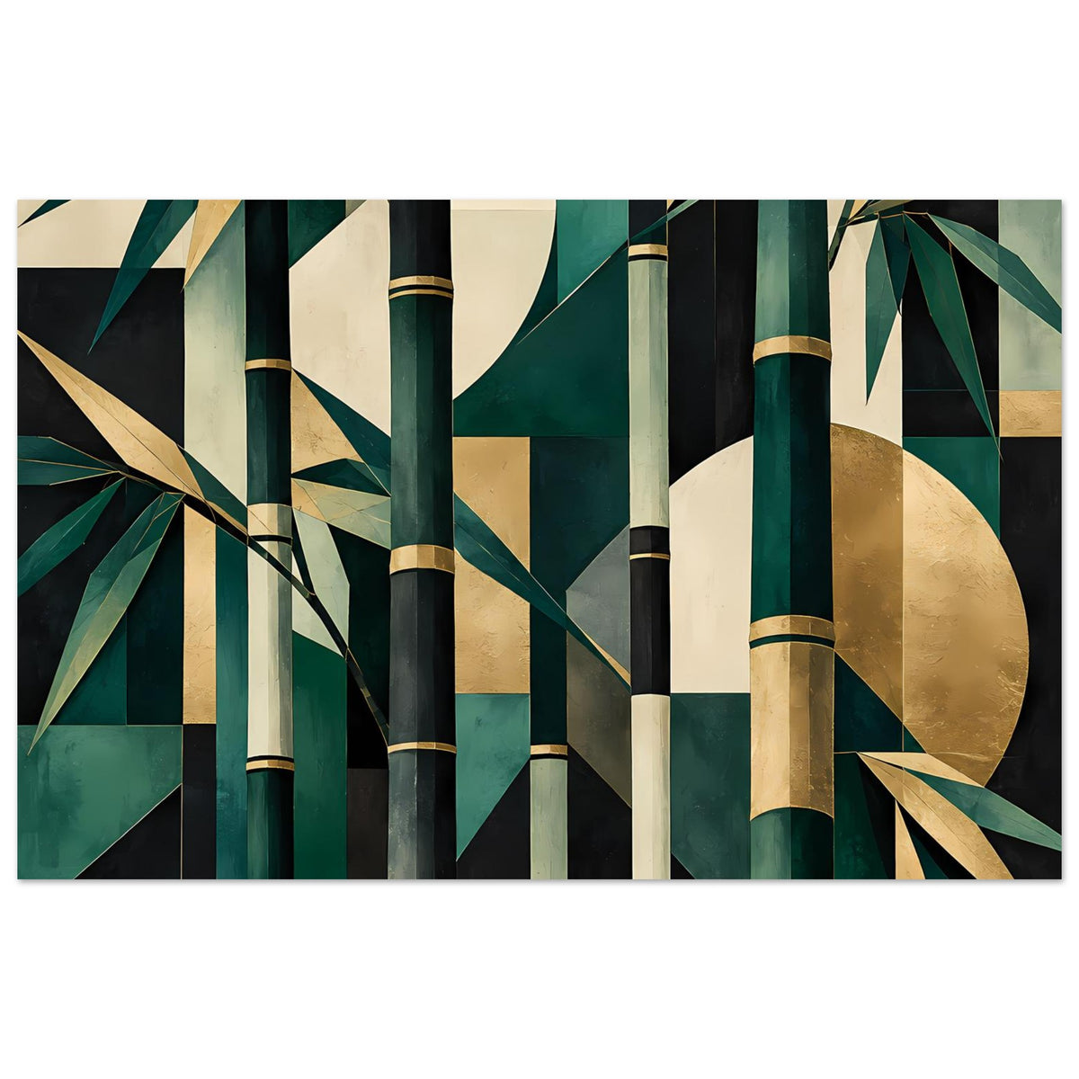 Naturposter mit abstrakten Bambusstäben in Smaragdgrün, Schwarz, Gold und Creme, querformatig