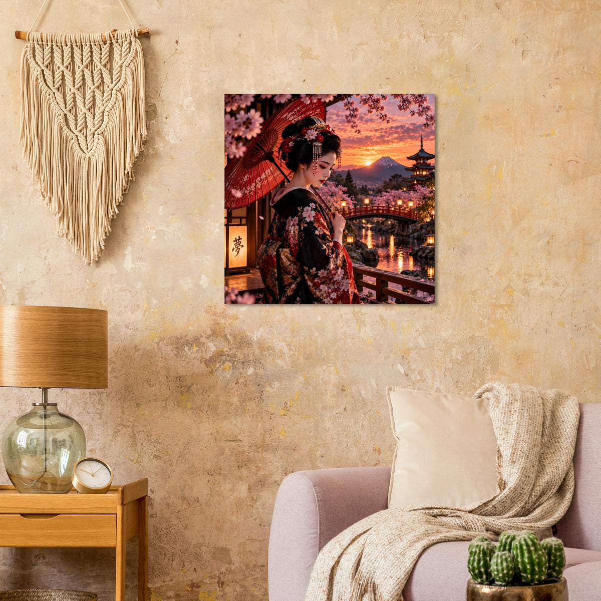 Poster-Porträt der Frau im dunklen Kimono mit rotem Schirm und Kirschblüten