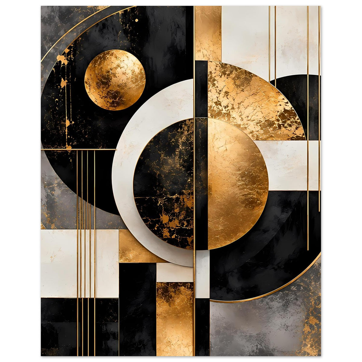 Poster mit goldfarbenen Kreisen und vertikalen Linien in Schwarz und Creme