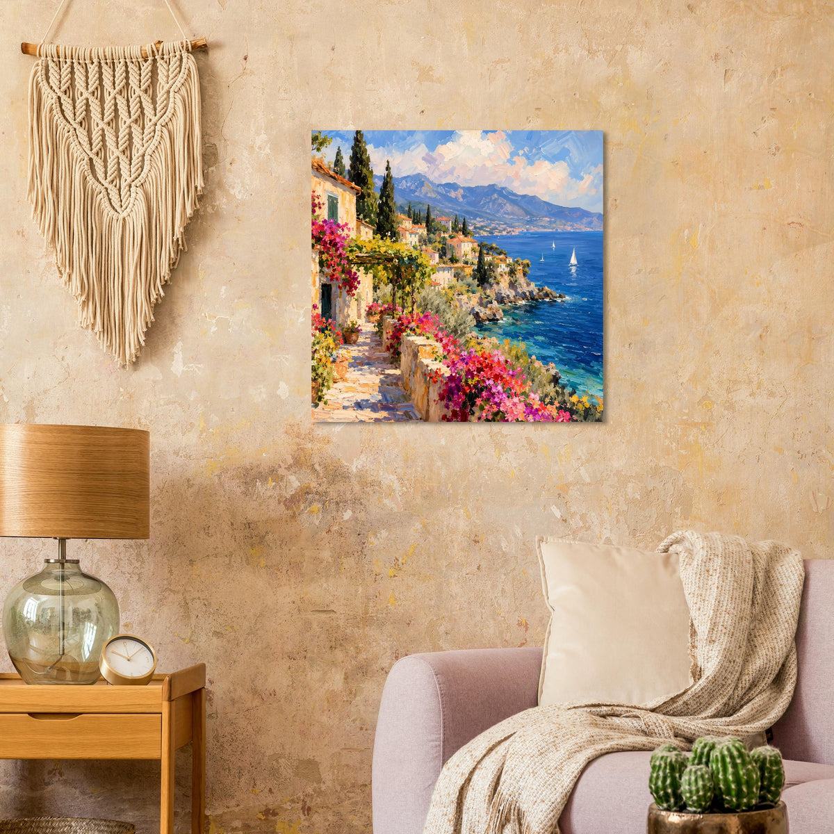 Poster mit blumenbestandenem Weg am Wasser, blauem Meer und Segelboot