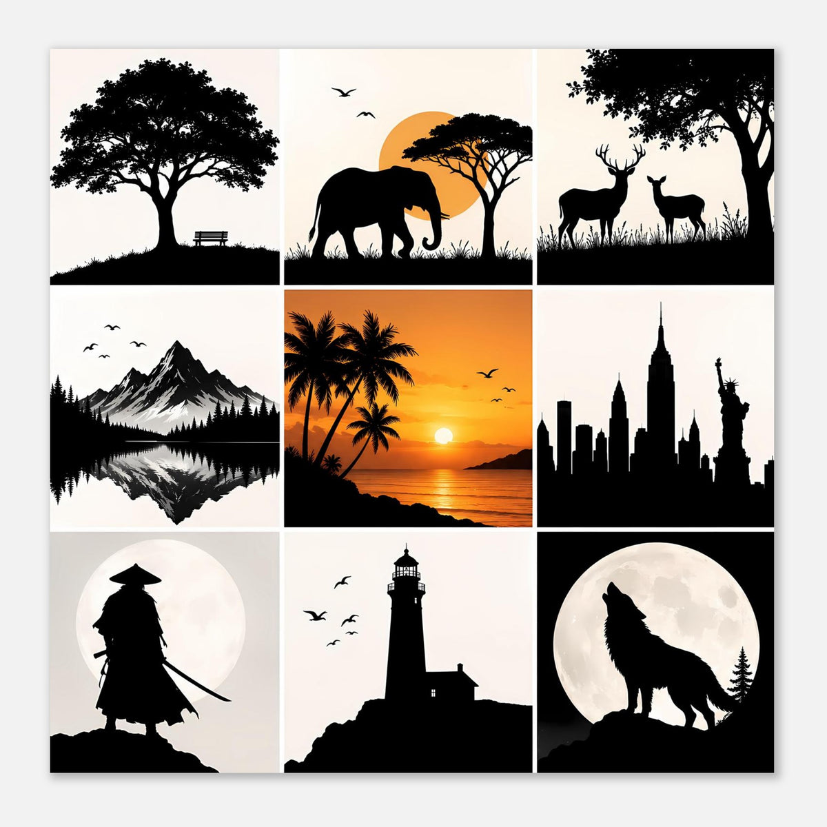 Poster-Raster mit Tier- und Fantasy-Silhouetten: Hexenfigur, Leuchtturm, Wolf, Rehe und Stadt