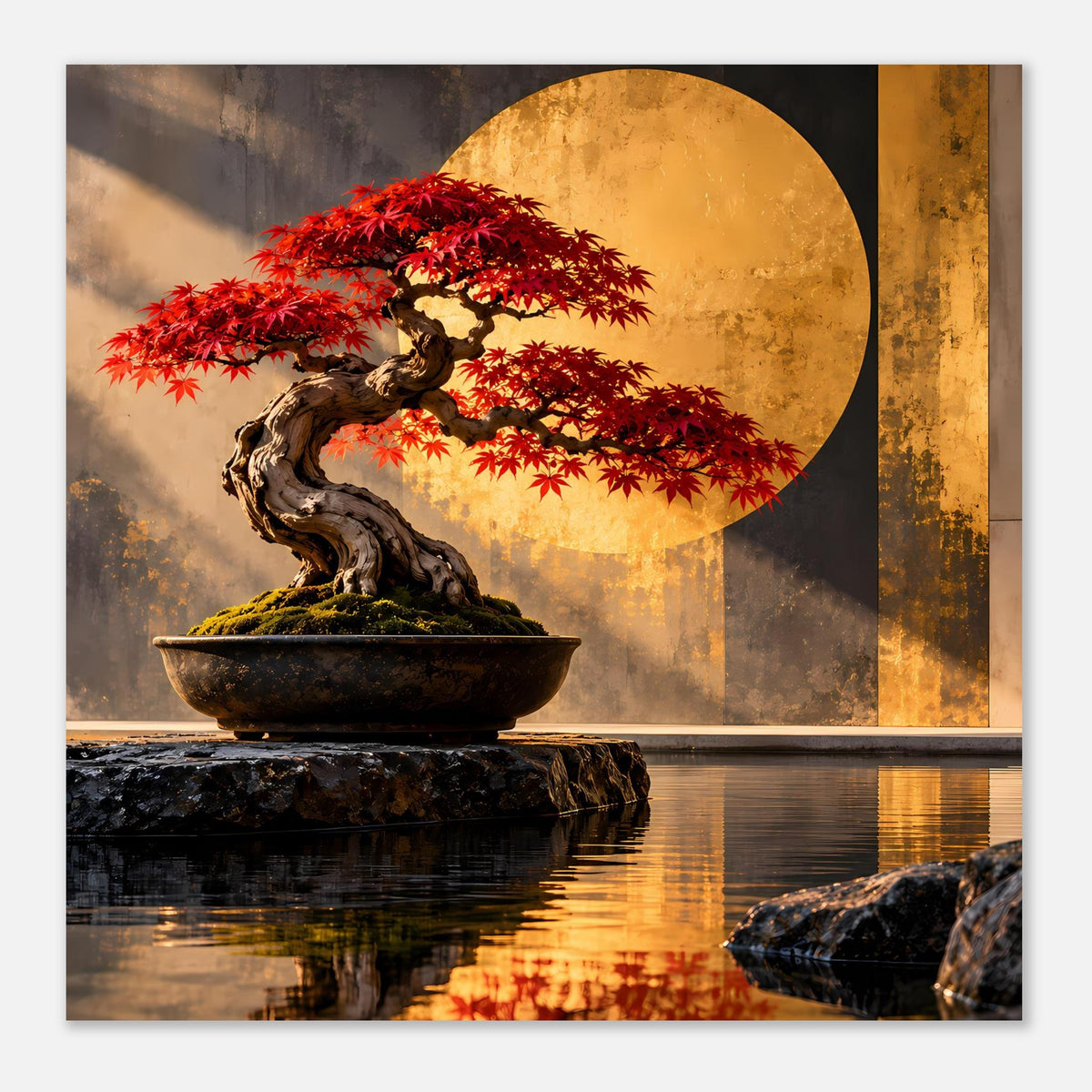 Bonsai-Poster (quer): roter Ahorn in dunkler Schale, flache ruhige Wasseroberfläche