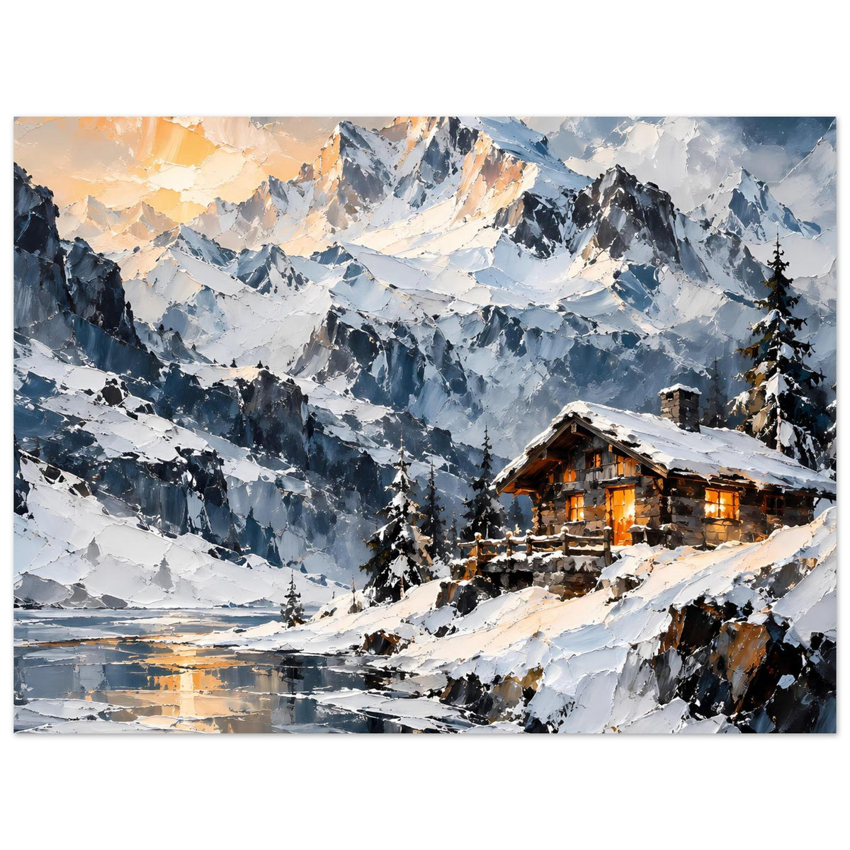 Querformat-Poster mit verschneiten Alpen, Berghütte rechts und warm beleuchtetes Hausfenster