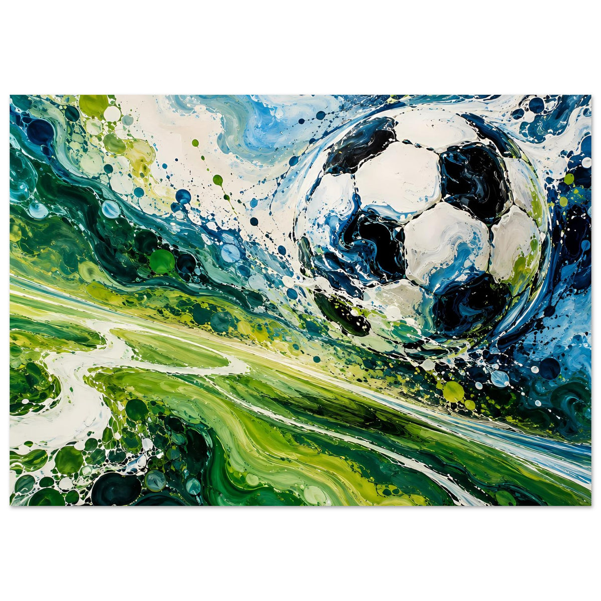 Kunstdruck im Querformat mit abstraktem Fußball aus grünen und blauen Farbspritzern