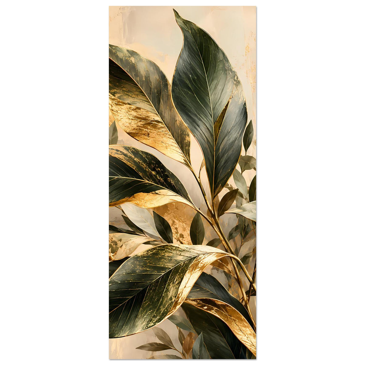 Vertikales botanisches Poster: mittig Blattzweig mit Goldakzenten in Grün und Beige