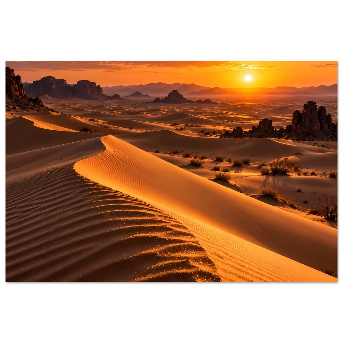 Poster mit goldenen Sanddünen, Wüstenlandschaft und untergehender Sonne