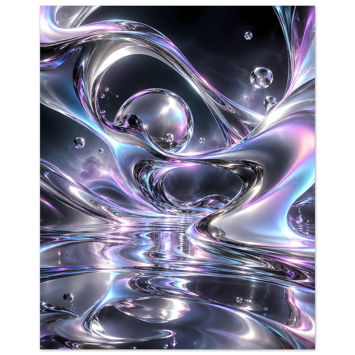 Poster im Hochformat mit Liquid-Chrome Abstraktion, silbernen Kurven, blauen und violetten Reflexen