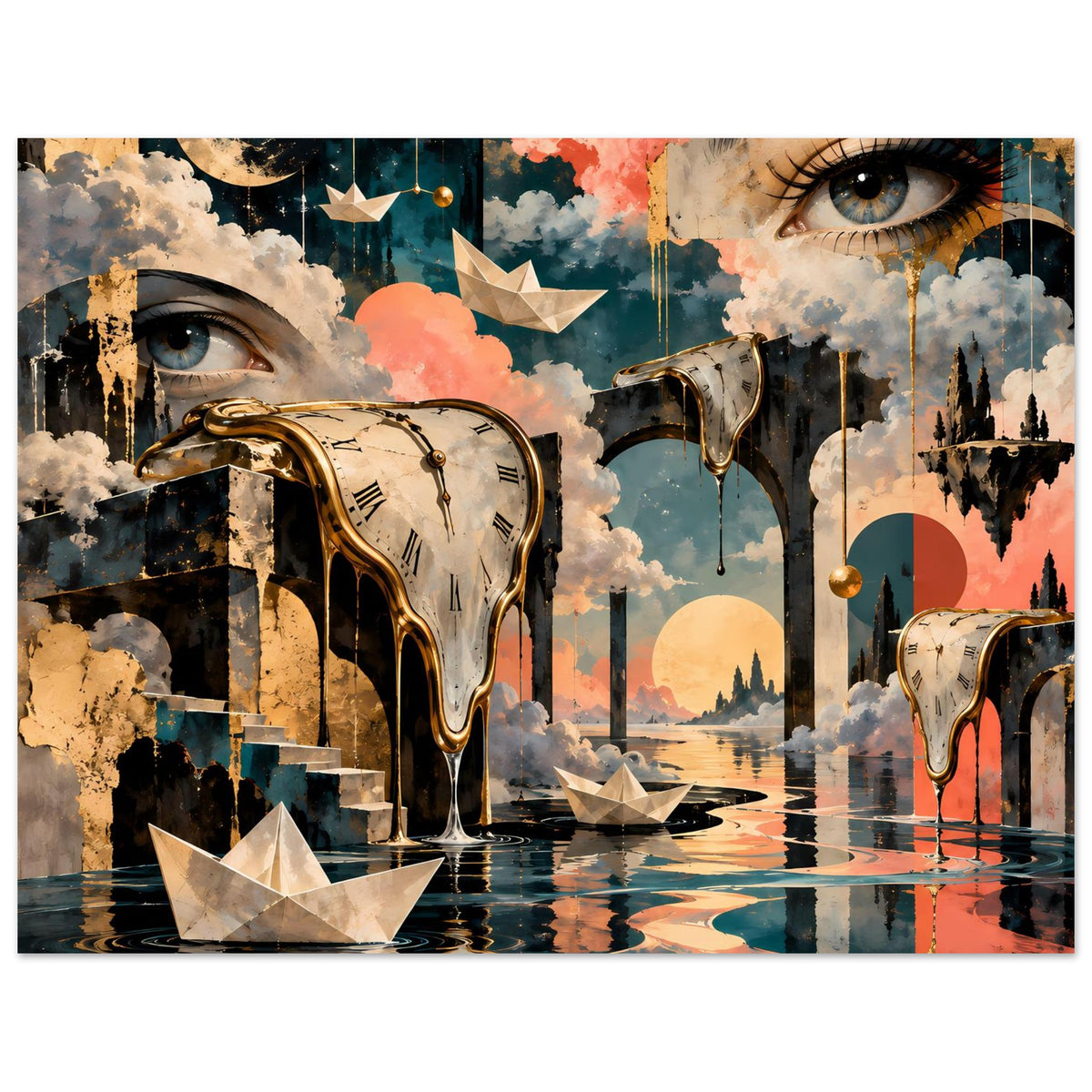 Surrealistisches Poster im Querformat mit schmelzender Uhr, Augenmotiv und Wasserreflexionen