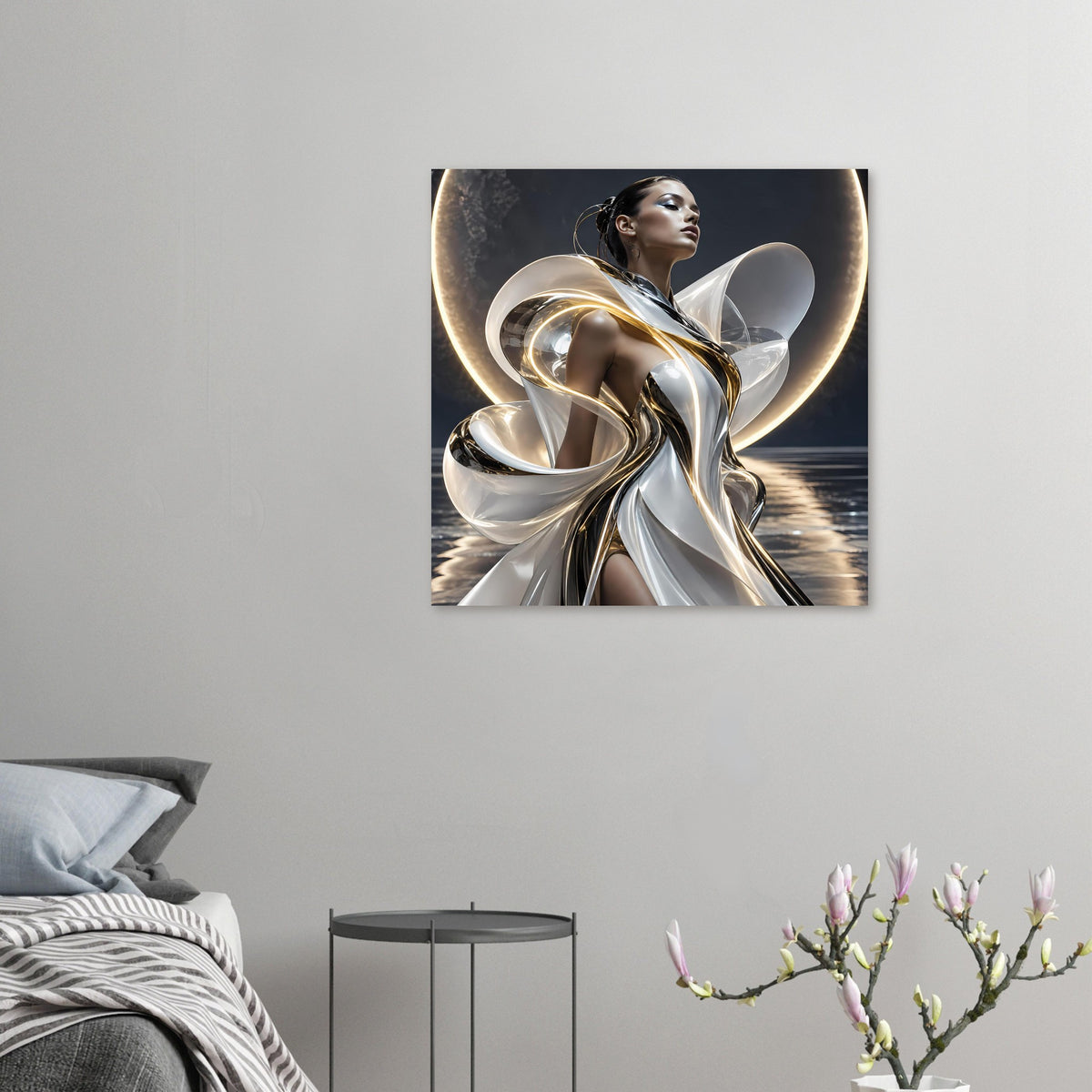 Abstraktes Poster im Querformat: silberne Metallwirbel und goldene Akzentlinien vor Figur