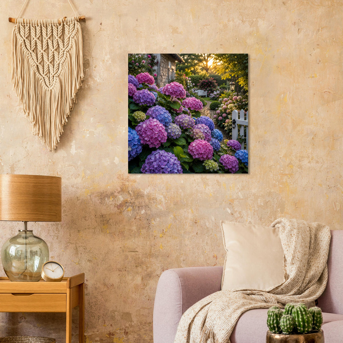 Quadratisches Poster mit Hortensien in Lila und Blau, Gartenweg und Blumen