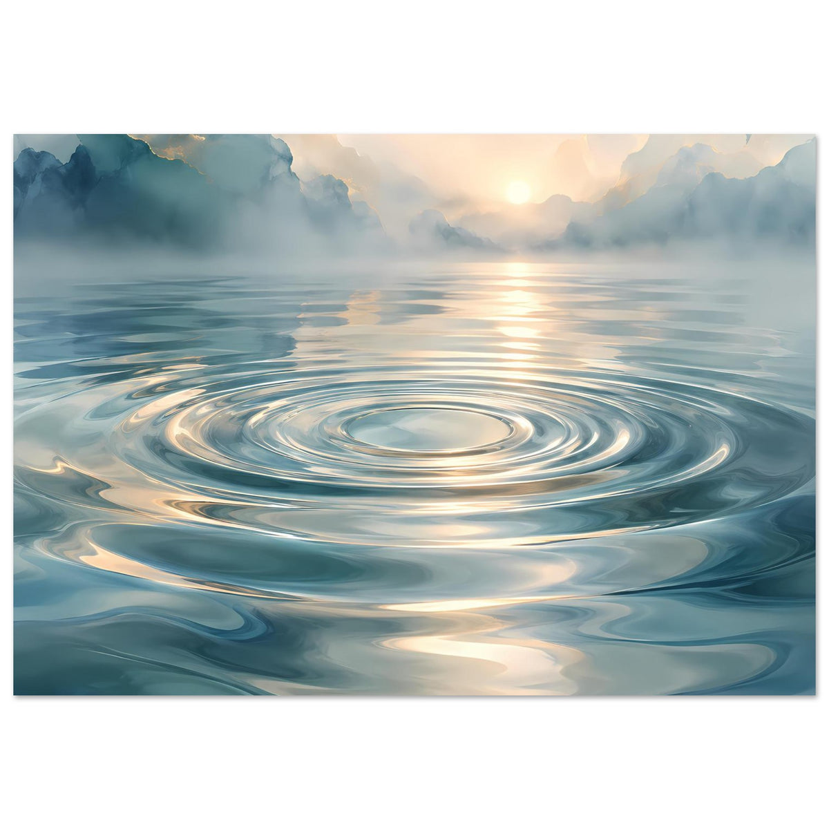 Wasserwellen-Poster mit Himmelwolken und Sonnenaufgang, feine Wellenringe auf dem Meer, horizontal
