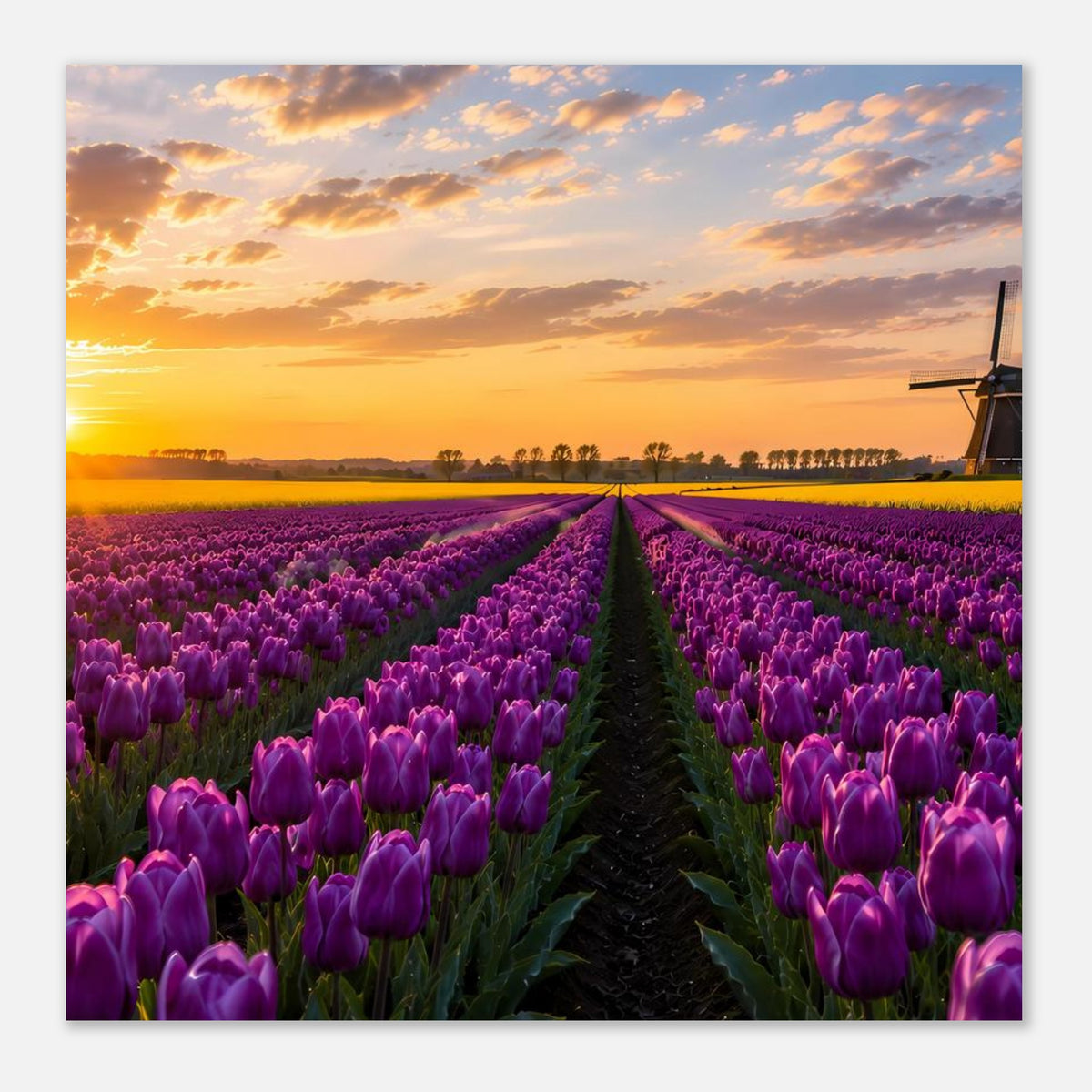 Poster: violettes Tulpenfeld mit Mittelweg und Windmühle rechts, Abendsonne im Himmel
