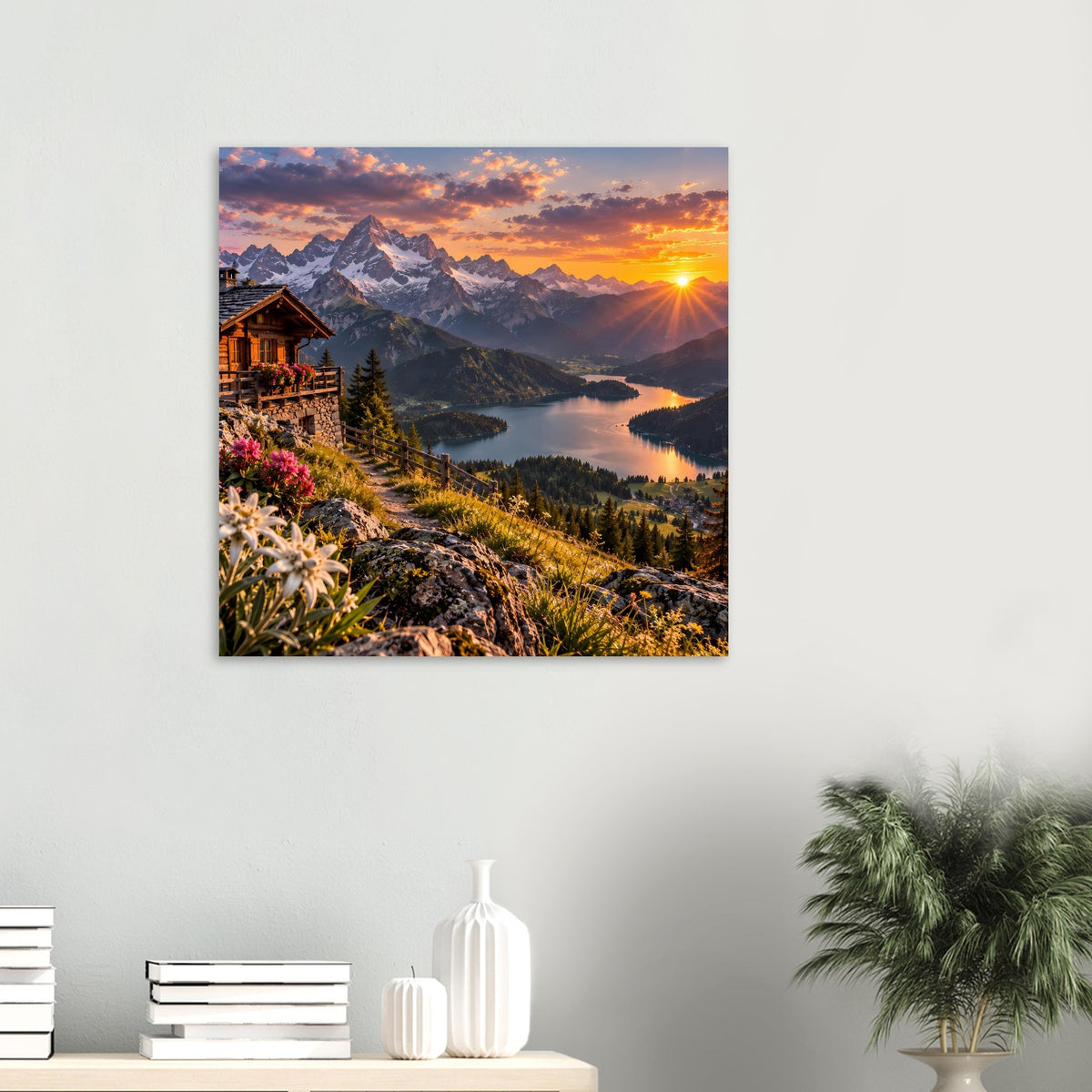 Landschaftsposter mit Berggipfeln und Flusstal bei Sonnenaufgang, quadratisch