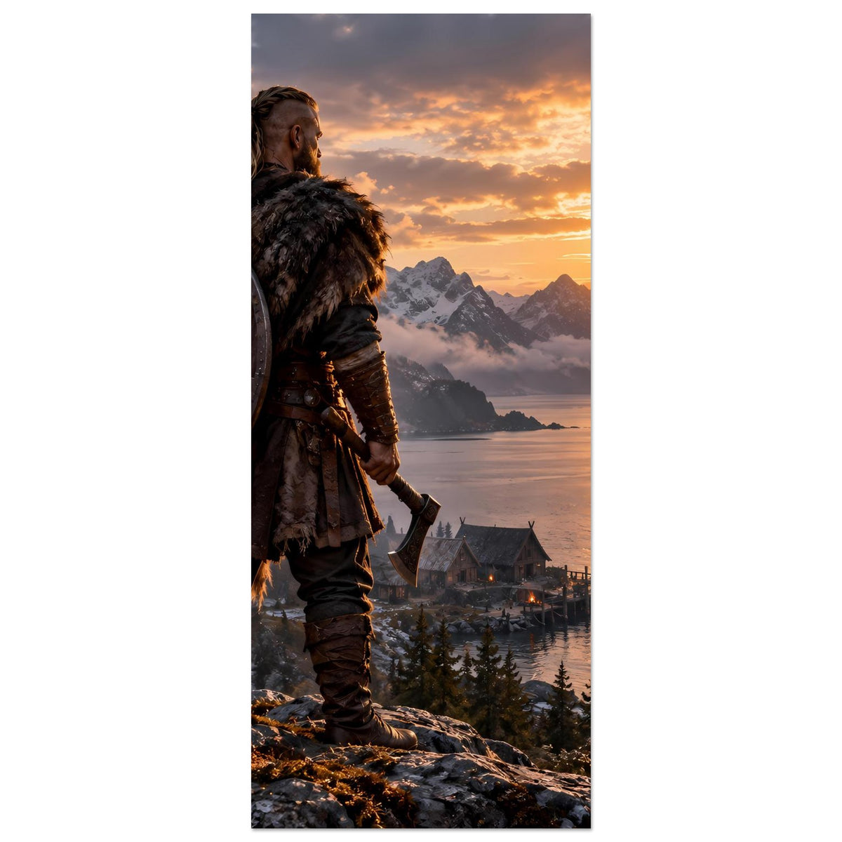 Vikinger-Poster (Hochformat): Wikinger mit Rundschild und Langschiff im Fjord