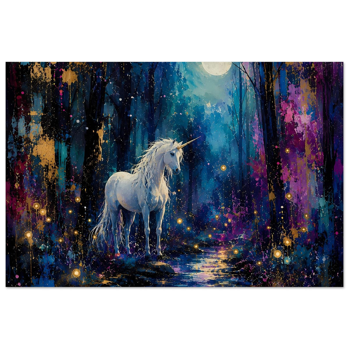 Querformatiges Poster mit weißem Einhorn im Mondlicht, mystischer Waldweg, funkelnde Spritzer