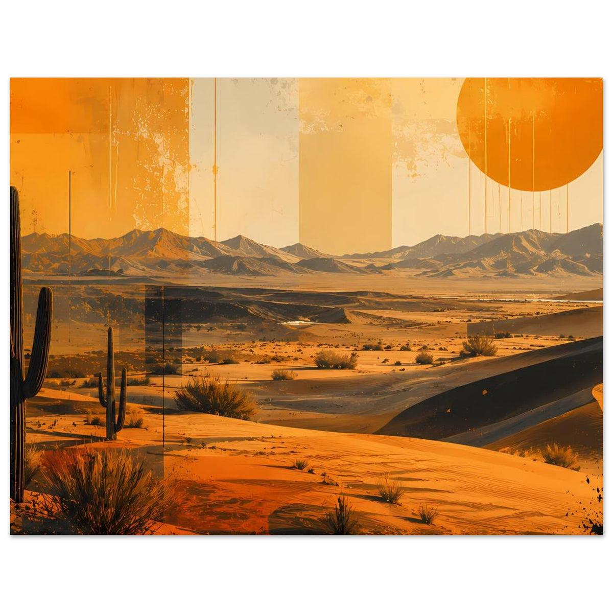 Retro-Wüstenposter mit Dünenlandschaft, Kakteen und orangefarbenem Sonnenkreis