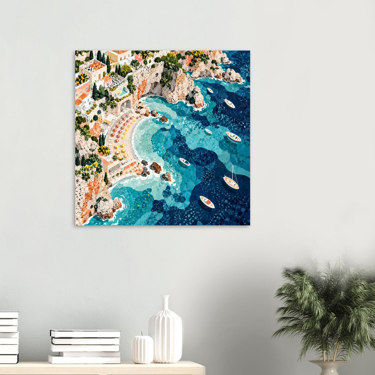 Mediterrane Küstenlandschaft mit Villen, sonnigen Felsklippen und türkisblauem Meer in Mosaikoptik – Posteransicht 50