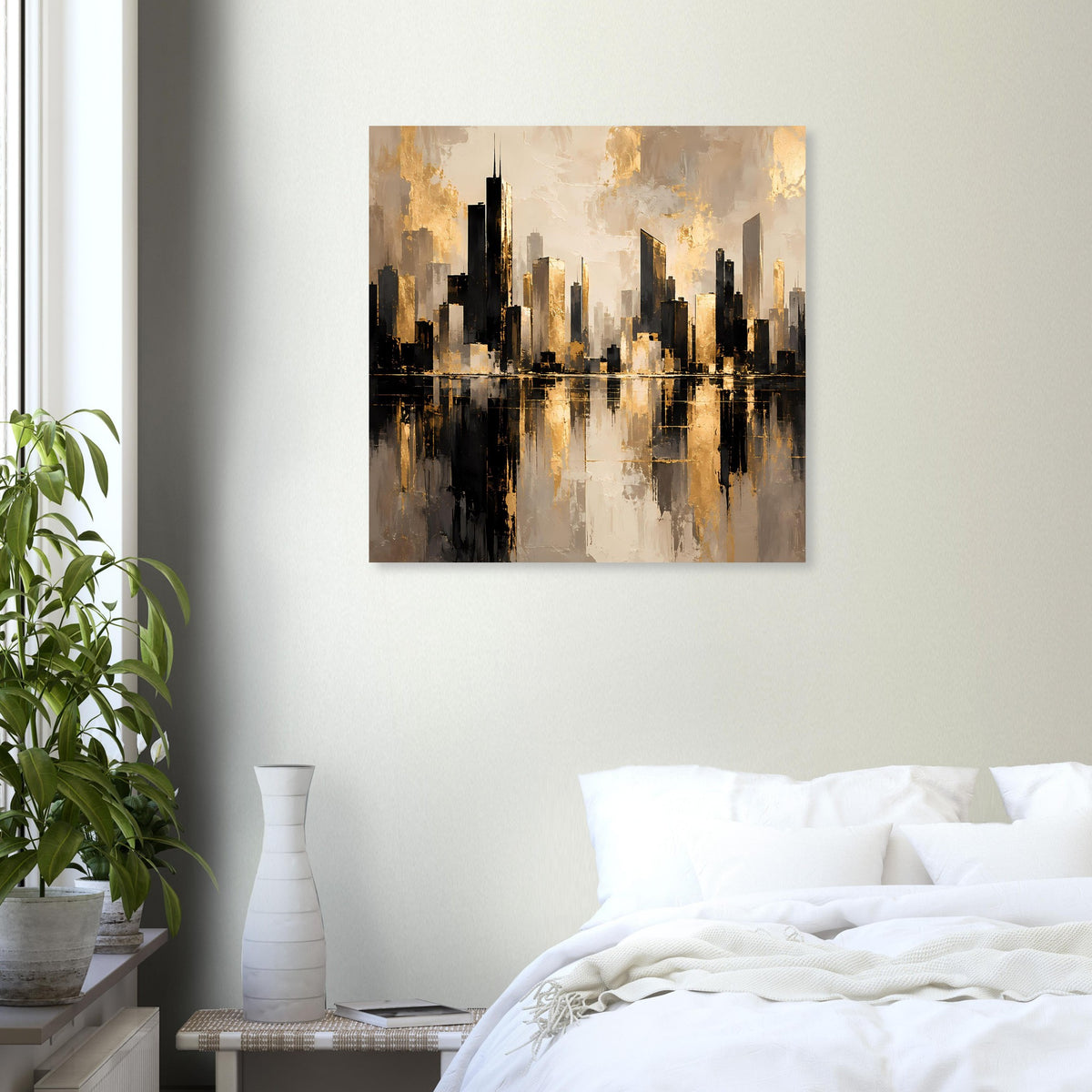 Poster mit City-Skyline in Goldbraun und Schwarz, mit Reflexion im Wasser