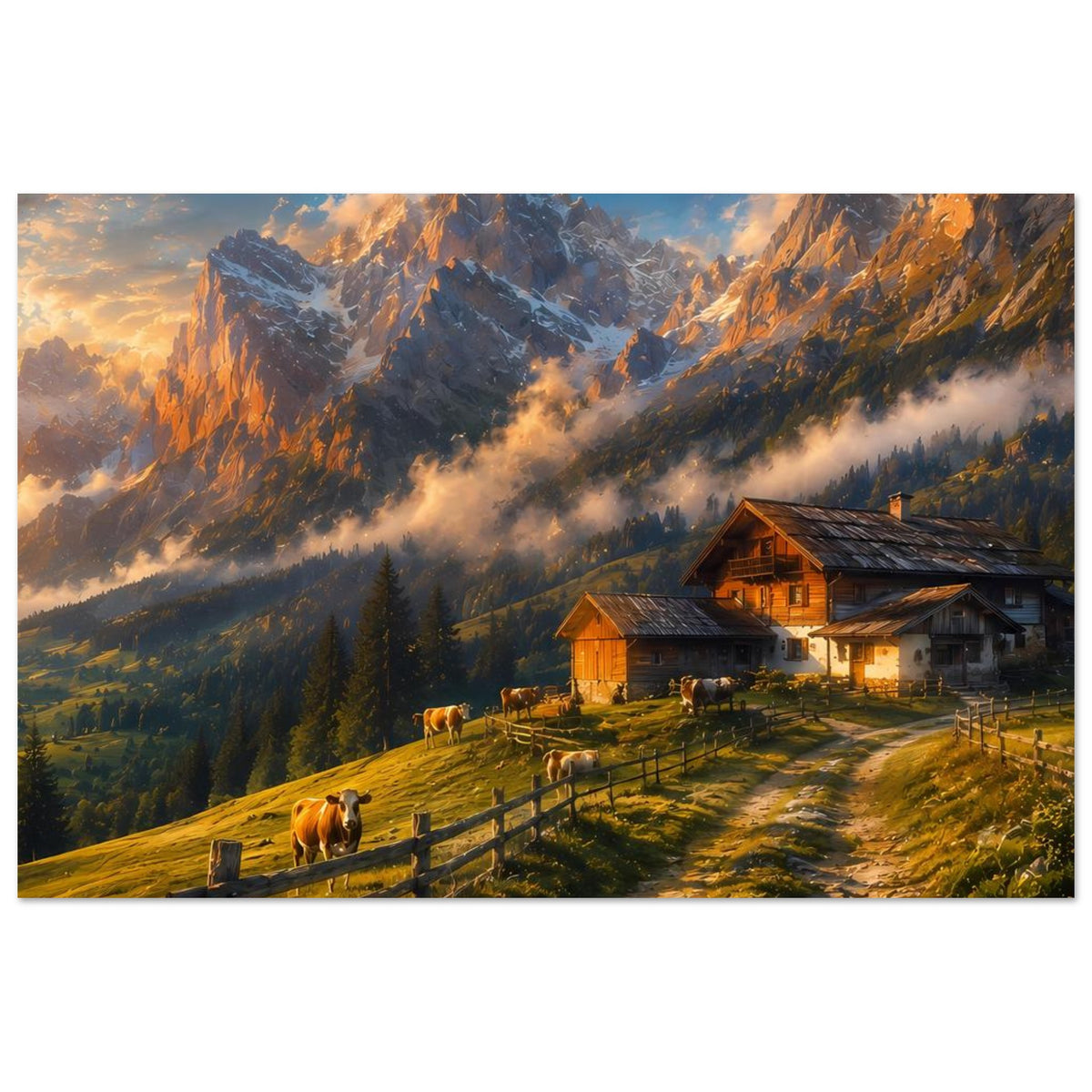 Horizontales Poster: Almhütte mit Kühen, Weg im Tal, majestätische Alpenberge im Licht