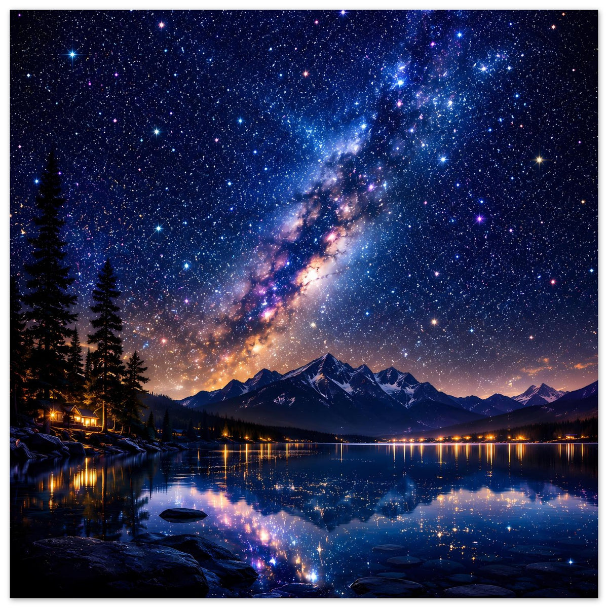 Wandposter mit Milchstraße über Bergsee, reflektierte Lichter am Ufer und Sterne