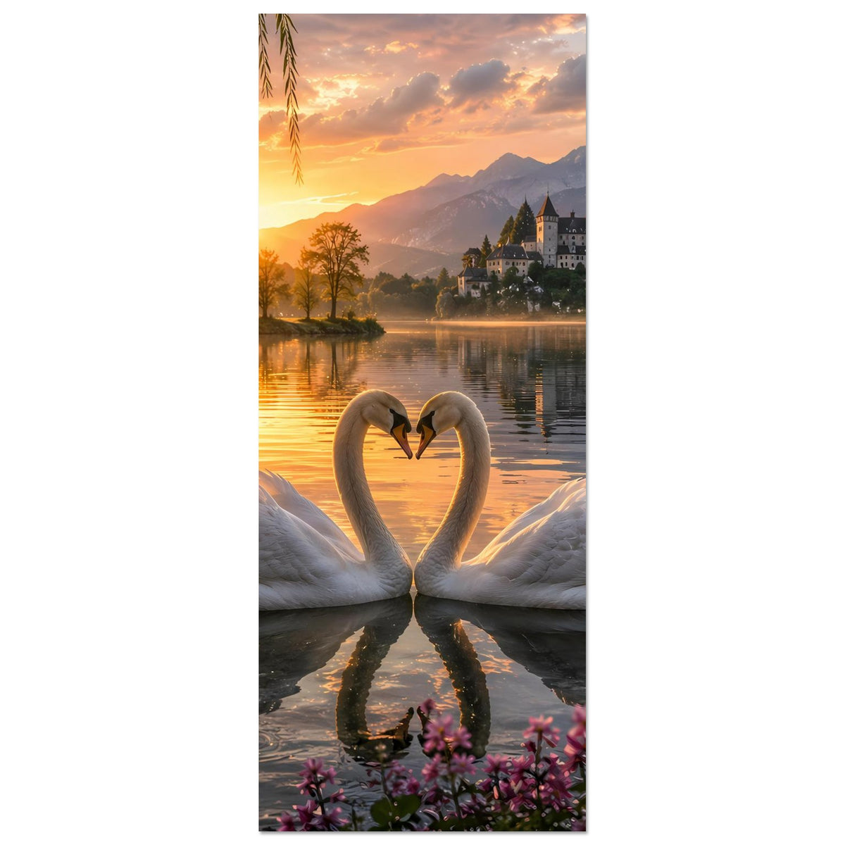 Hochkant-Poster: Sonnenuntergang über See mit zwei weißen Schwänen in Herzform