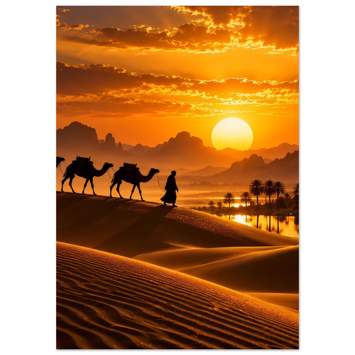 Premium-Poster: Silhouetten von Kamelen und Reiter auf Wüstenlandschaft bei Sonnenuntergang