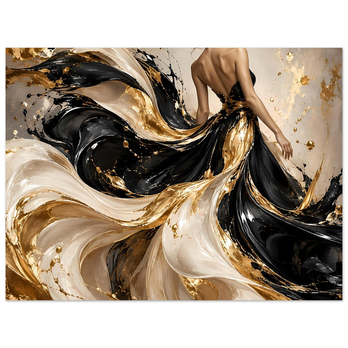 Kunstposter im Querformat, Ausschnitt mit Rückenakt-Figur und schwarzen Gold-Wirbeln