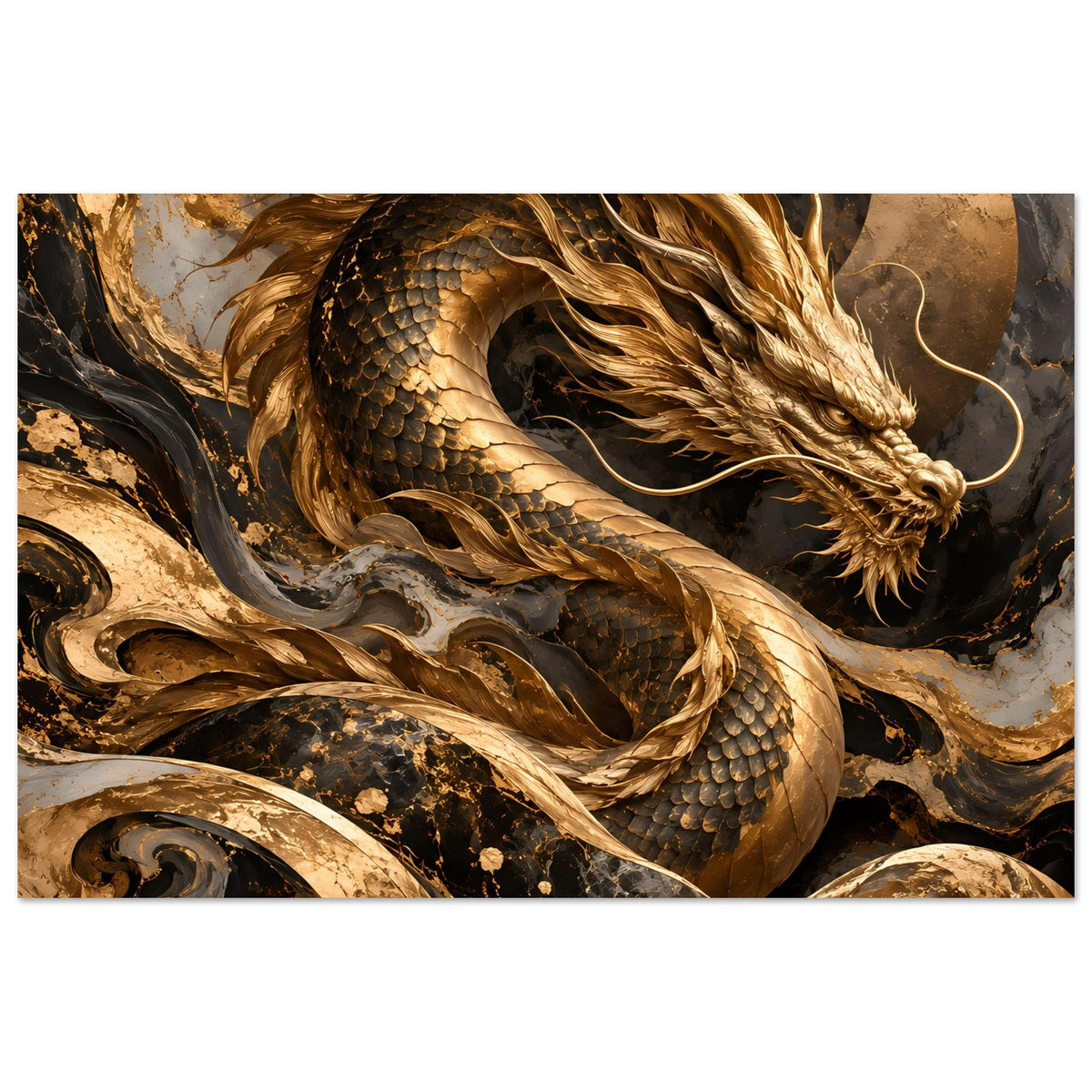 Fantasy-Poster: ganzer goldener Drachen mit offenen Flügeln, dunkler Hintergrund, goldene Details