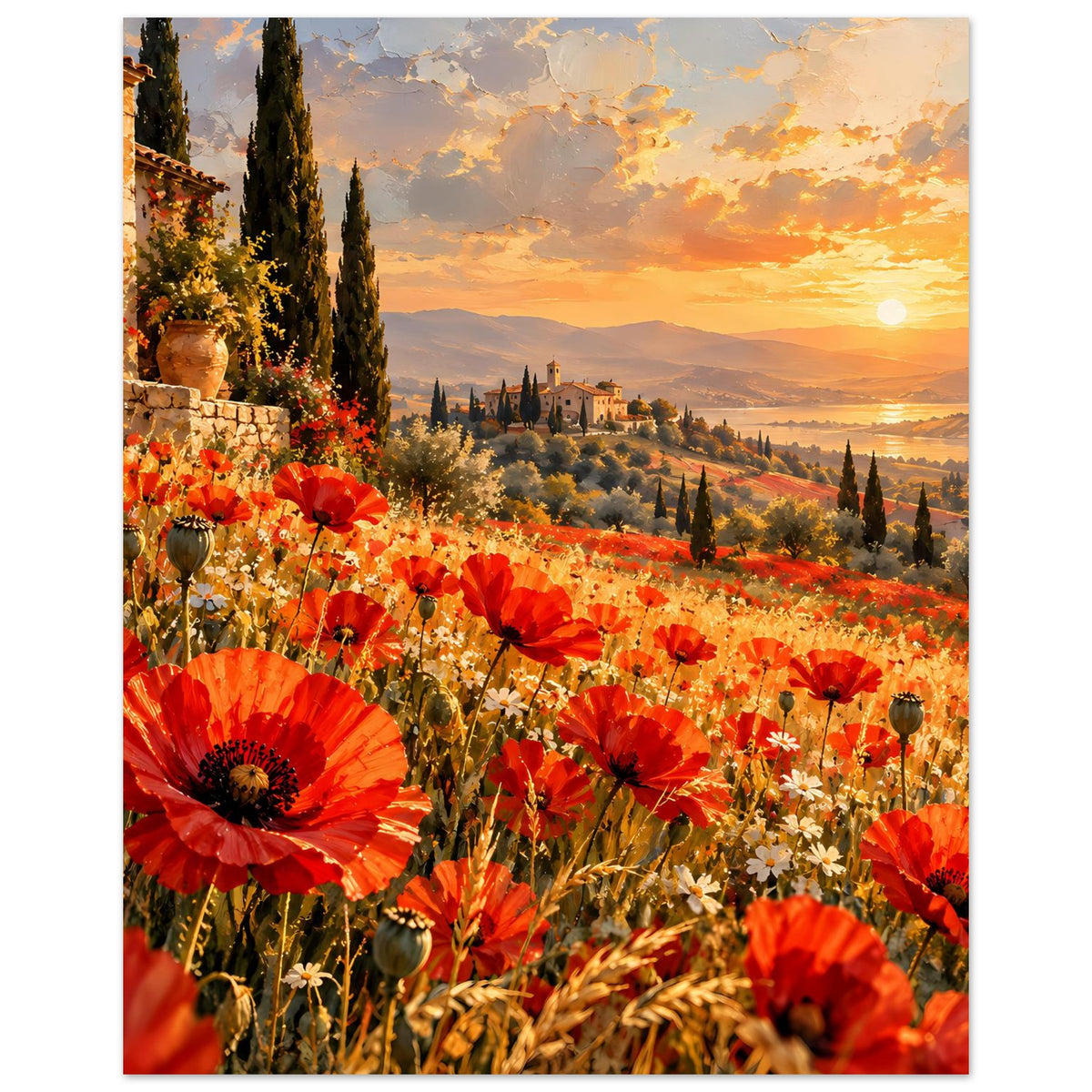 Vertikales Poster: rote Mohnblumen, Zypressen und goldenoranger Sonnenuntergang
