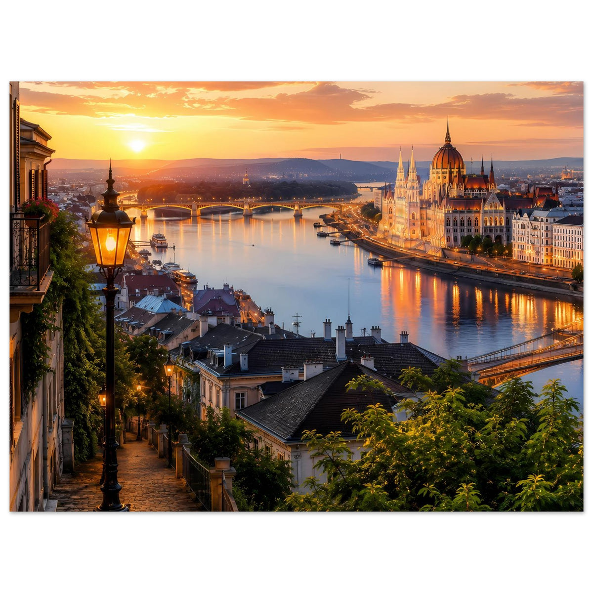 Cityscape-Poster im Querformat mit Sonnenuntergang, Brücke und beleuchtete Uferbebauung