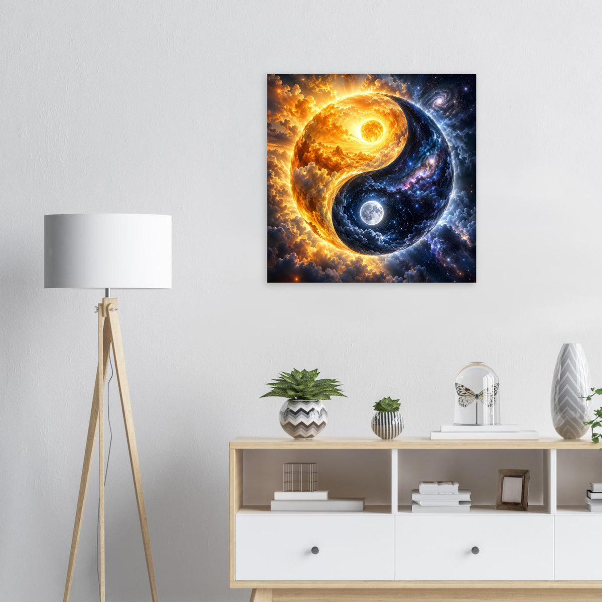 Cosmos-Yin-Yang-Poster klein, goldener und blauer Planetenwirbel mit Mond im Rahmen