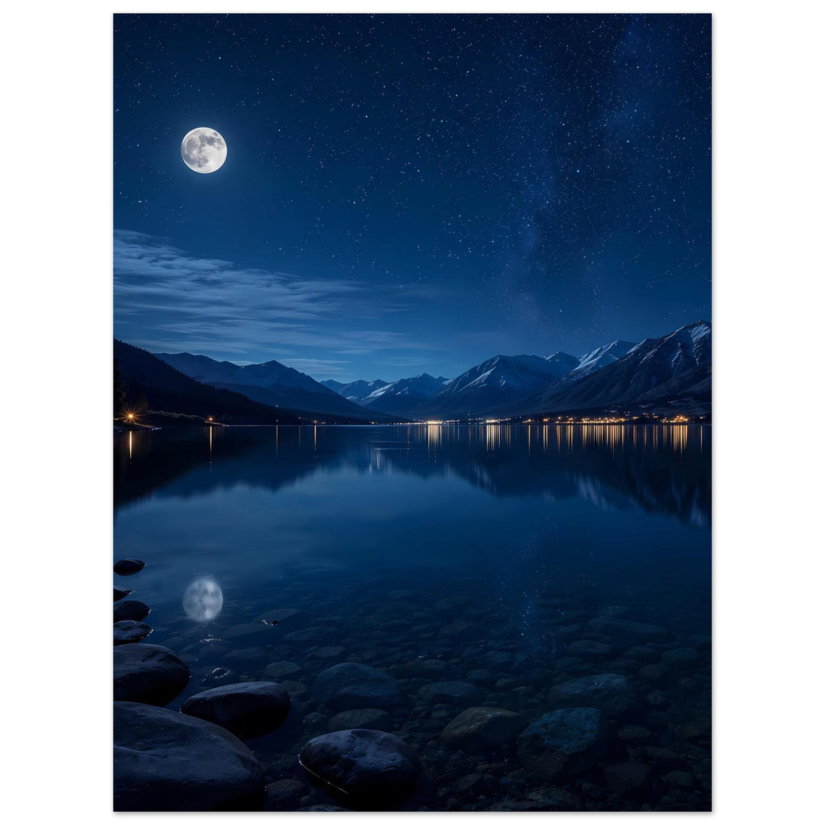 Poster: nächtlicher Bergsee mit Mond, Sternenhimmel und Bergsilhouetten