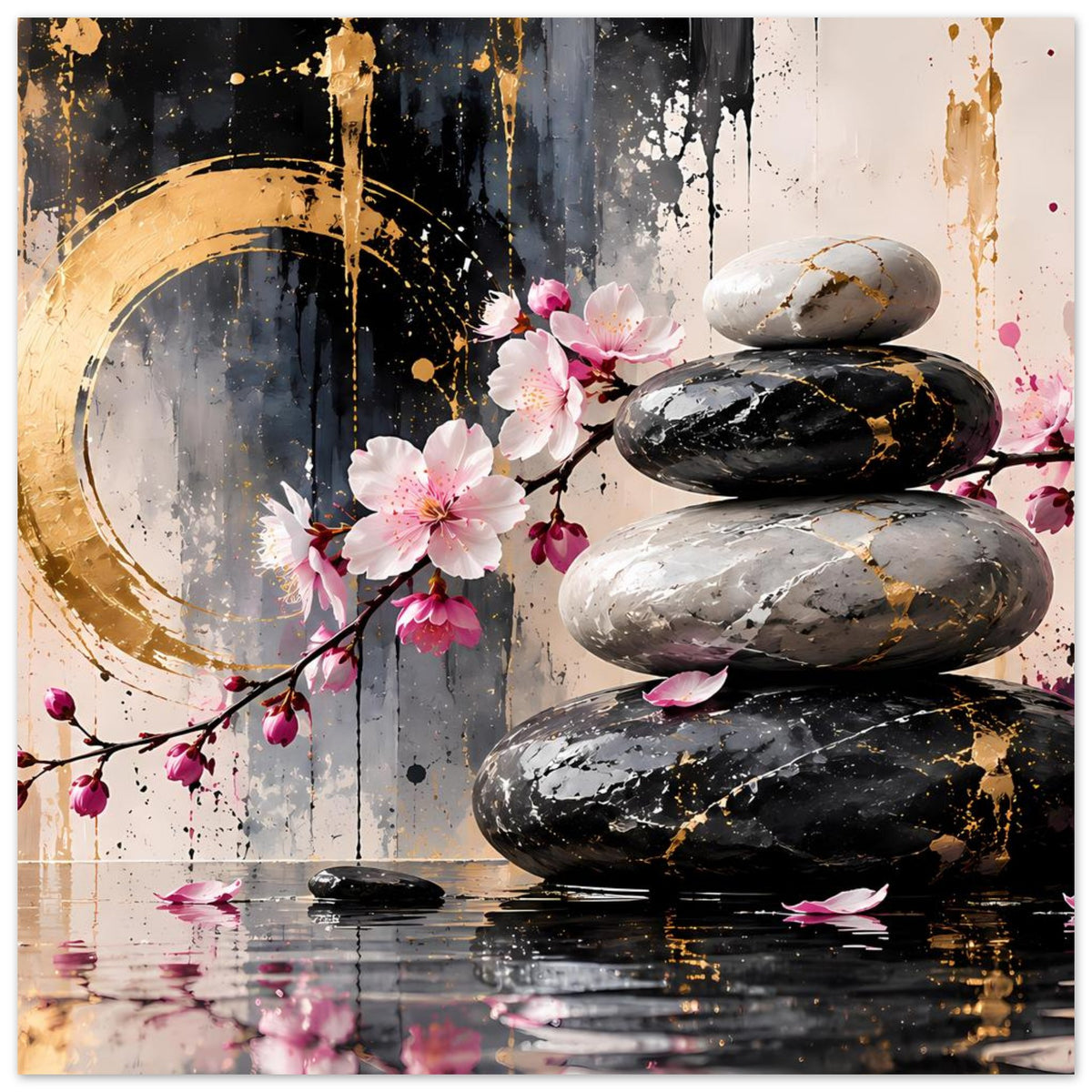 Wandposter (vertikal): Zen-Felsen, Kirschblütenzweig und goldfarbene Sprenkel