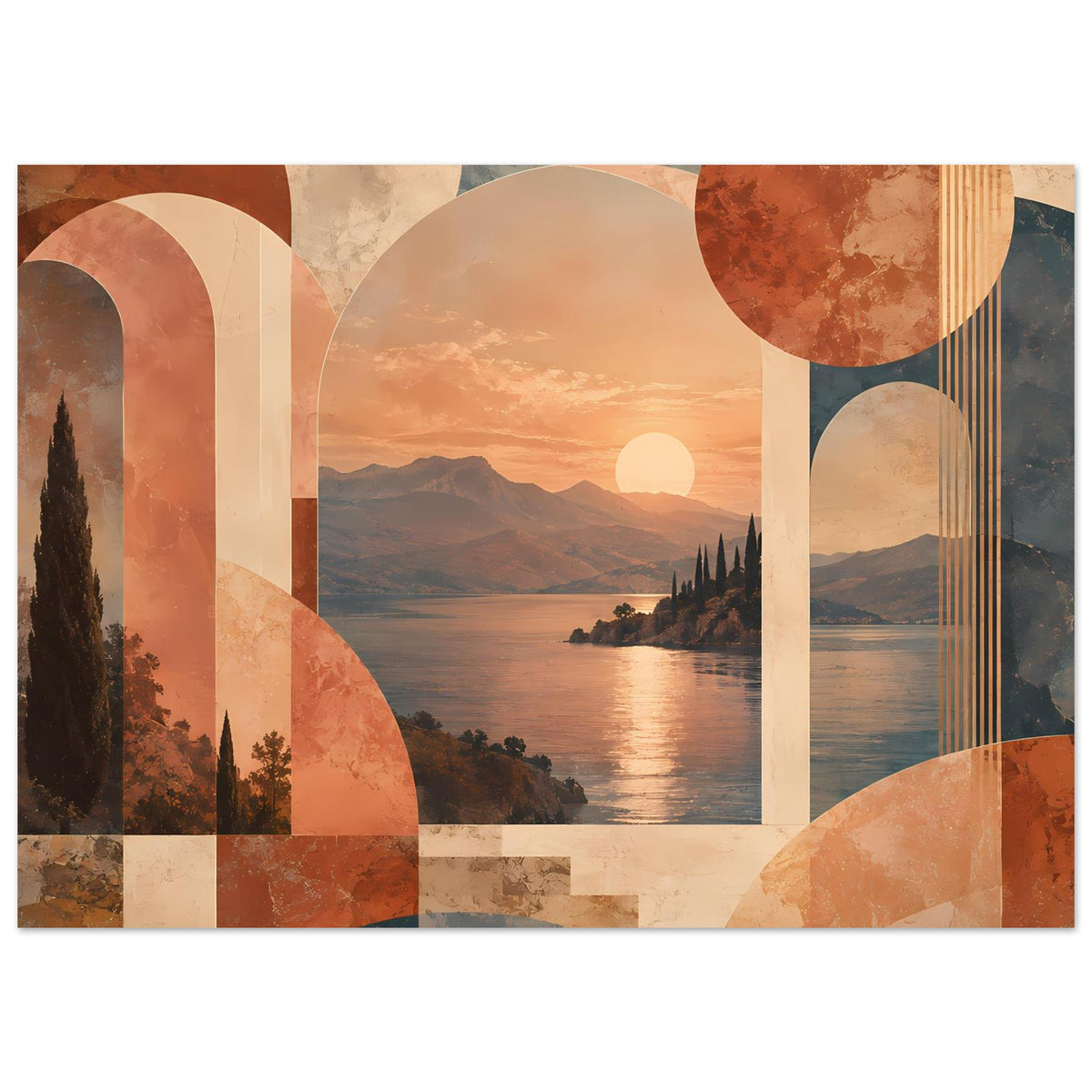 Abstraktes Poster mit Sonnenuntergang, warmen Erdtönen und großen Halbkreisen im Vordergrund