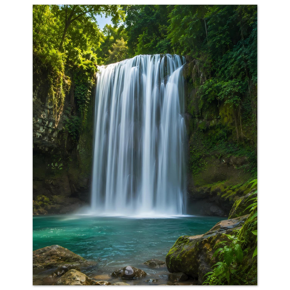 Poster mit Wasserfall über Felsen und türkisgrünem Fluss, umgeben von Waldgrün, vertikal