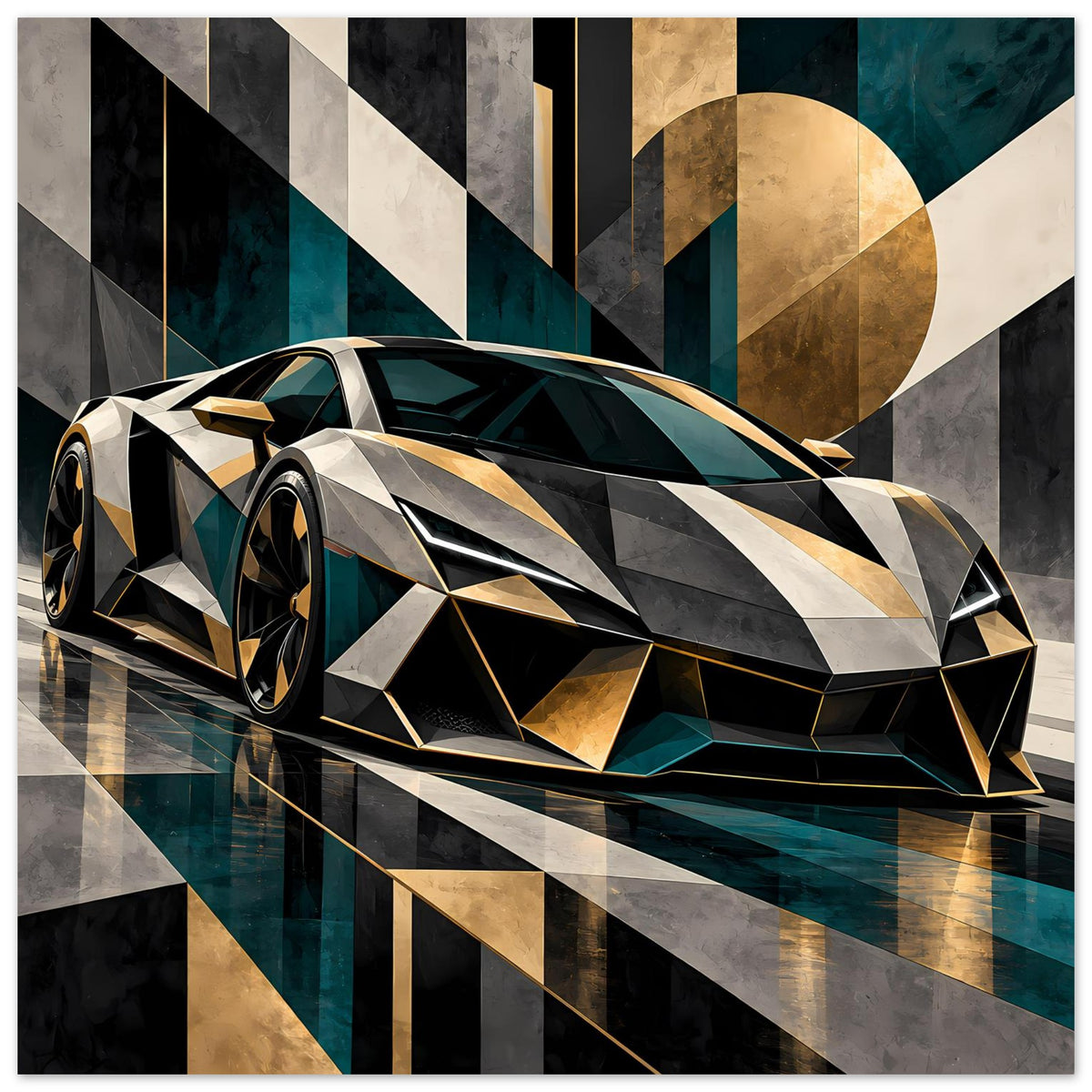 Autoposter mit geometrischem Sportwagen in silber-schwarz, goldene und petrolfarbene Akzente