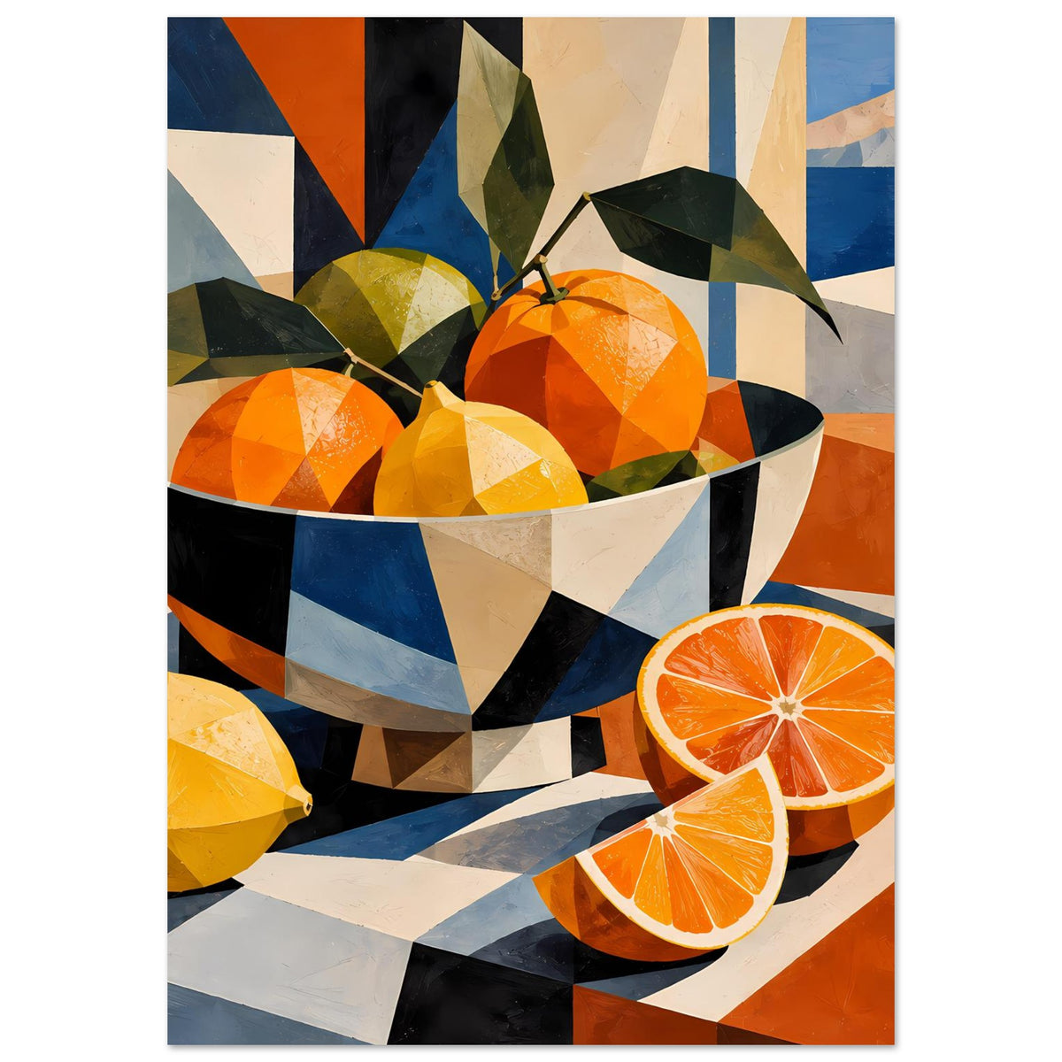 Poster im Hochformat: Orangen in Schüssel, gelbe Zitrone links, Orangenscheiben rechts